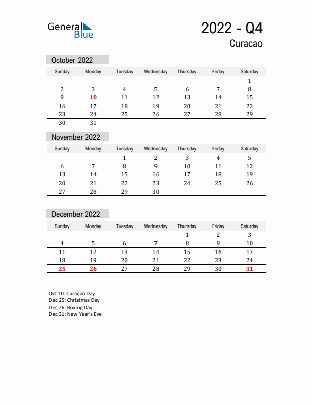 Curacao Quarter 4 2022 Calendar with Holidays