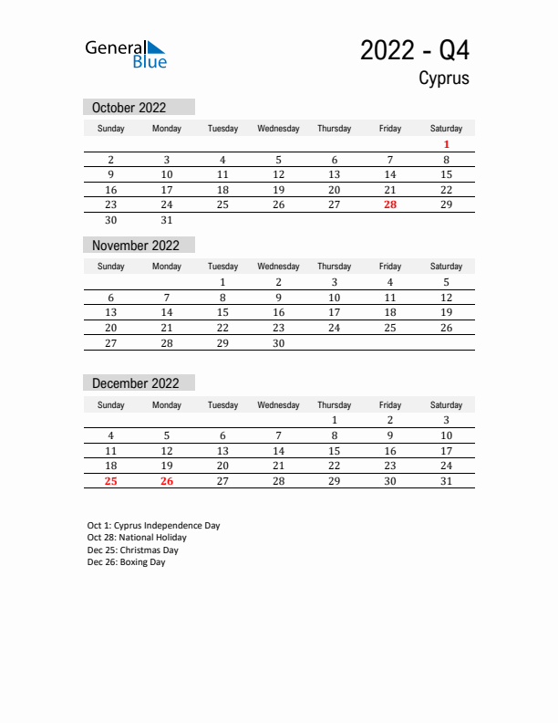 Cyprus Quarter 4 2022 Calendar with Holidays