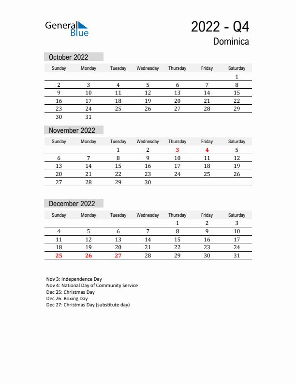 Dominica Quarter 4 2022 Calendar with Holidays