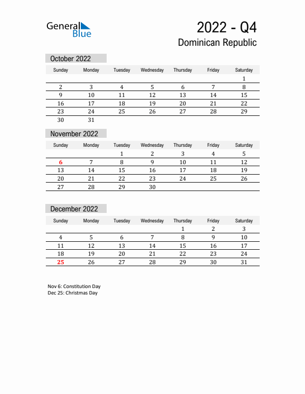 Dominican Republic Quarter 4 2022 Calendar with Holidays