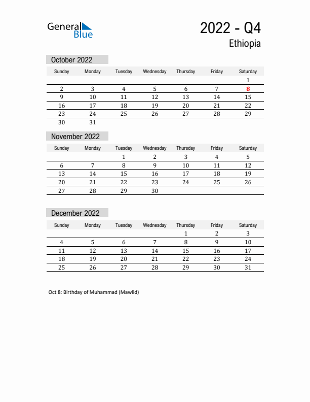 Ethiopia Quarter 4 2022 Calendar with Holidays