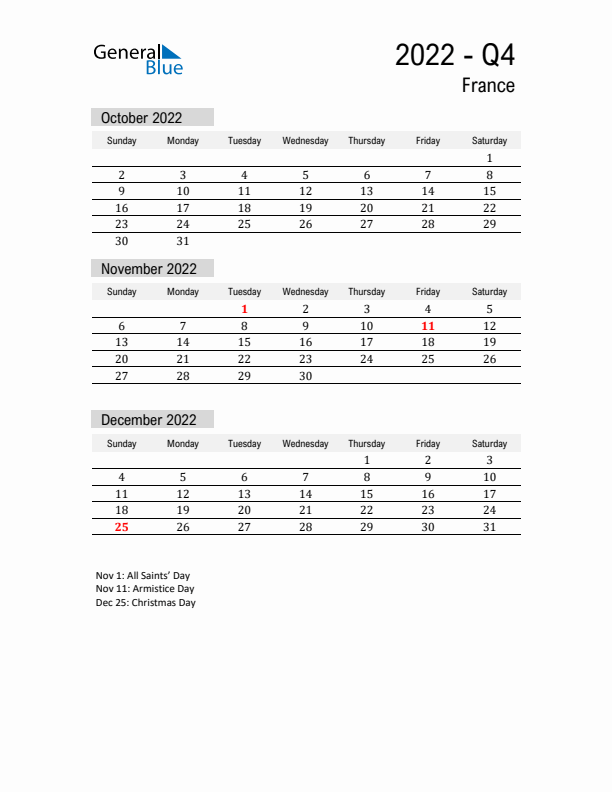 France Quarter 4 2022 Calendar with Holidays