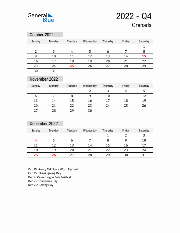 Grenada Quarter 4 2022 Calendar with Holidays