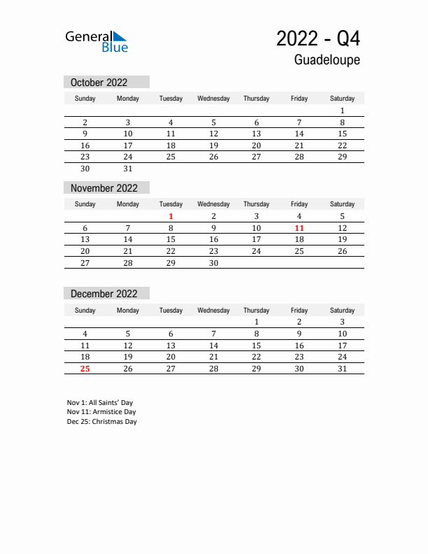 Guadeloupe Quarter 4 2022 Calendar with Holidays