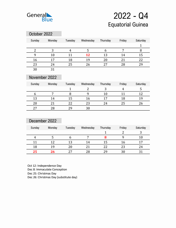 Equatorial Guinea Quarter 4 2022 Calendar with Holidays