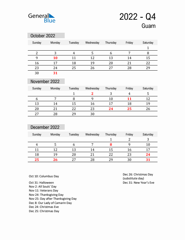 Guam Quarter 4 2022 Calendar with Holidays