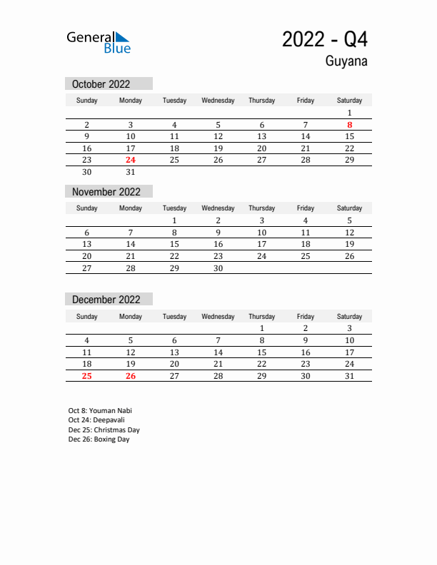 Guyana Quarter 4 2022 Calendar with Holidays