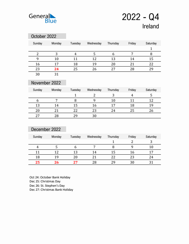 Ireland Quarter 4 2022 Calendar with Holidays