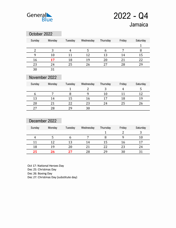 Jamaica Quarter 4 2022 Calendar with Holidays