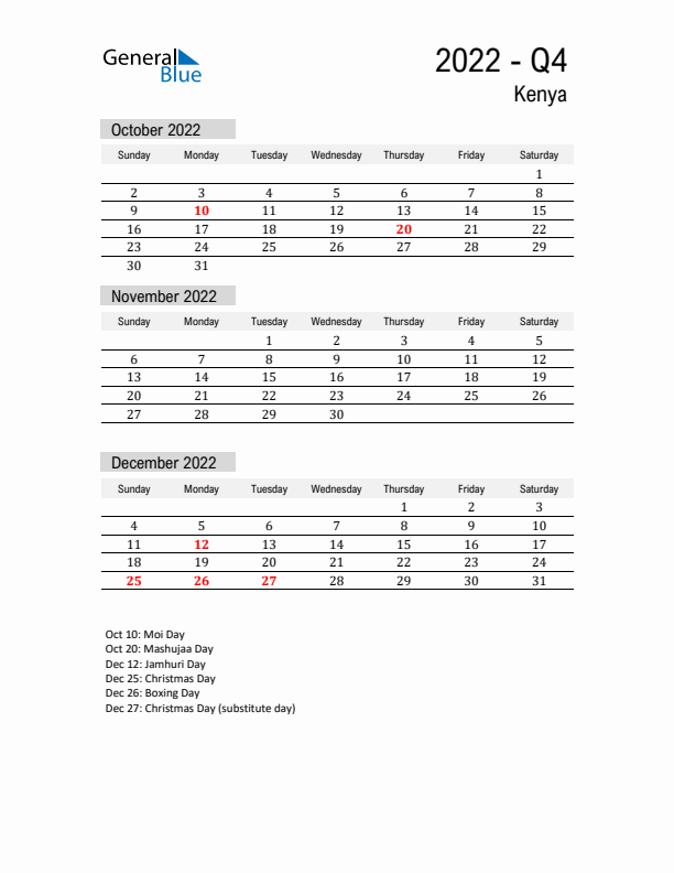 Kenya Quarter 4 2022 Calendar with Holidays