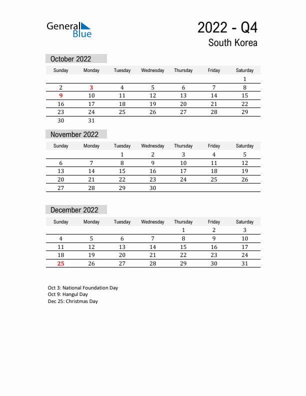 South Korea Quarter 4 2022 Calendar with Holidays