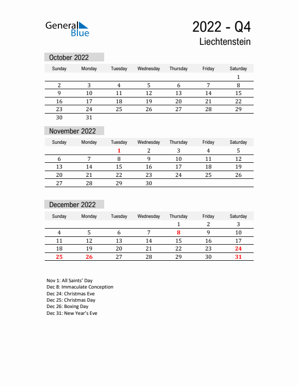 Liechtenstein Quarter 4 2022 Calendar with Holidays