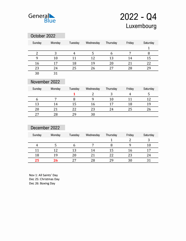 Luxembourg Quarter 4 2022 Calendar with Holidays