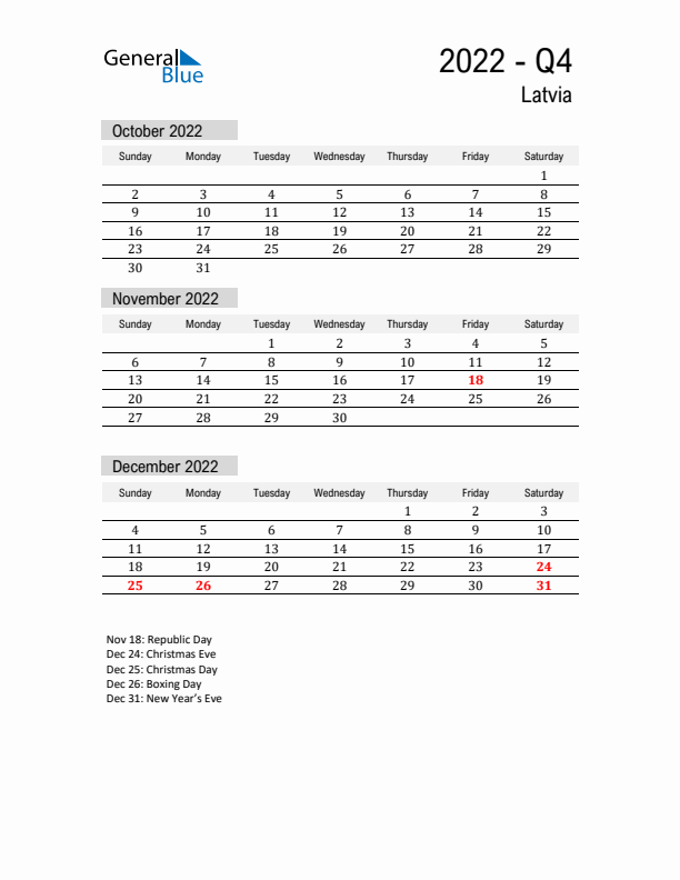 Latvia Quarter 4 2022 Calendar with Holidays