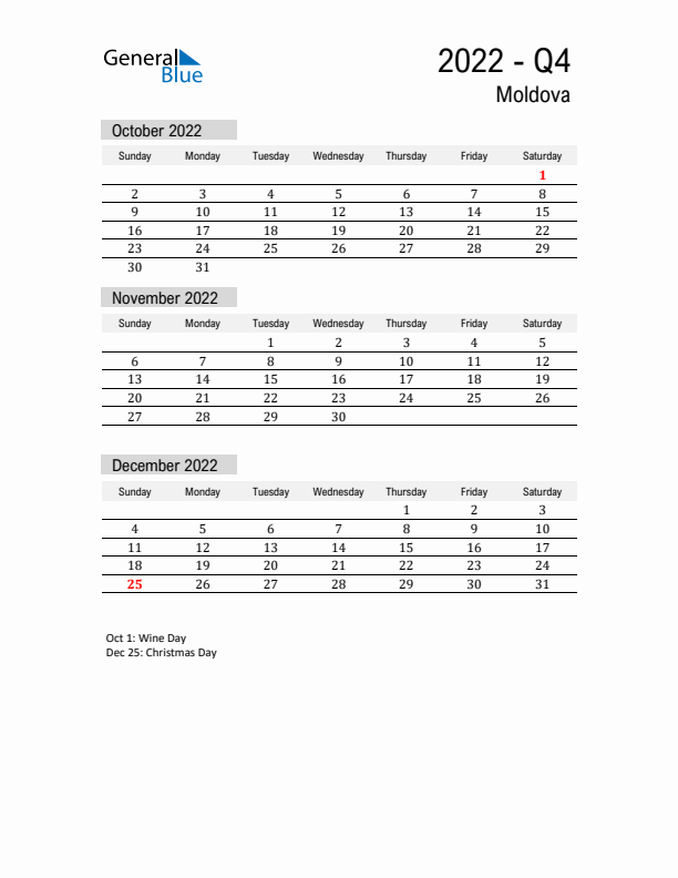 Moldova Quarter 4 2022 Calendar with Holidays