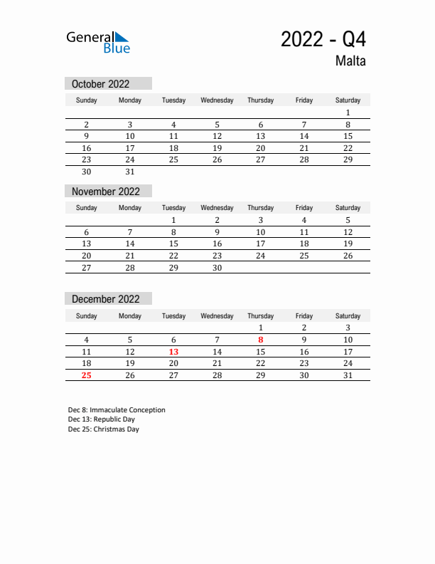 Malta Quarter 4 2022 Calendar with Holidays