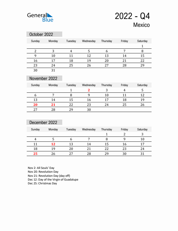 Mexico Quarter 4 2022 Calendar with Holidays