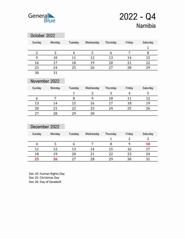 Namibia Quarter 4 2022 Calendar with Holidays