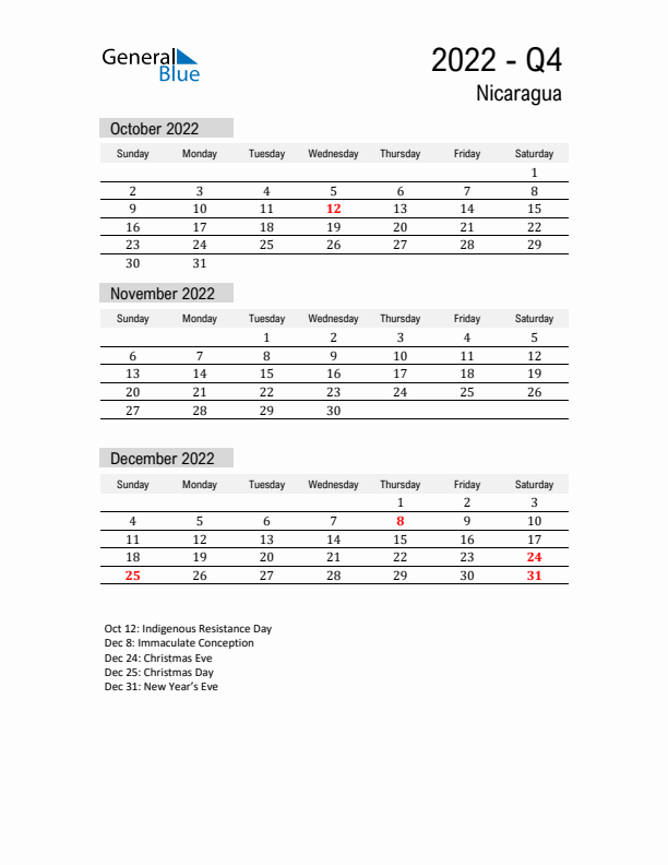 Nicaragua Quarter 4 2022 Calendar with Holidays