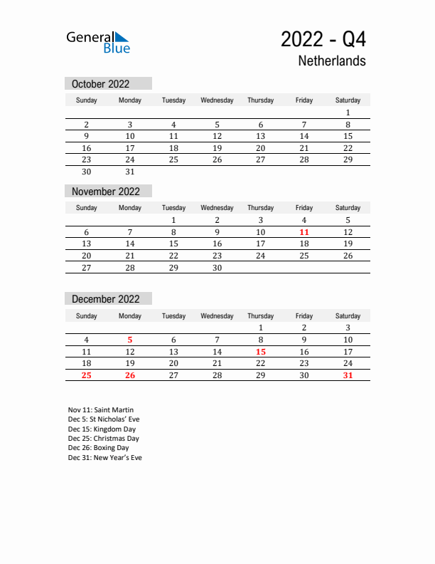 The Netherlands Quarter 4 2022 Calendar with Holidays