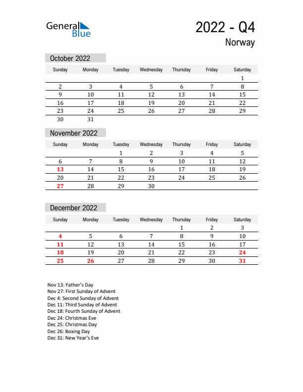 Norway Quarter 4 2022 Calendar with Holidays