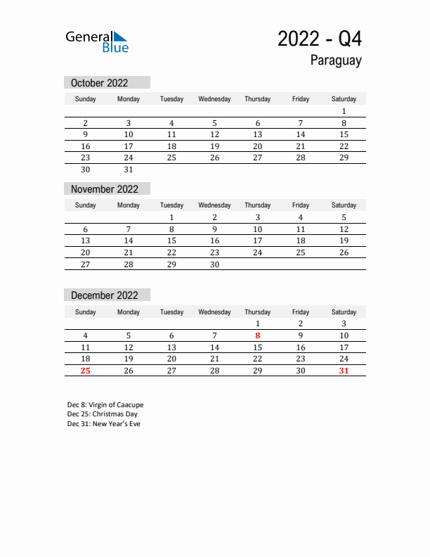 Paraguay Quarter 4 2022 Calendar with Holidays