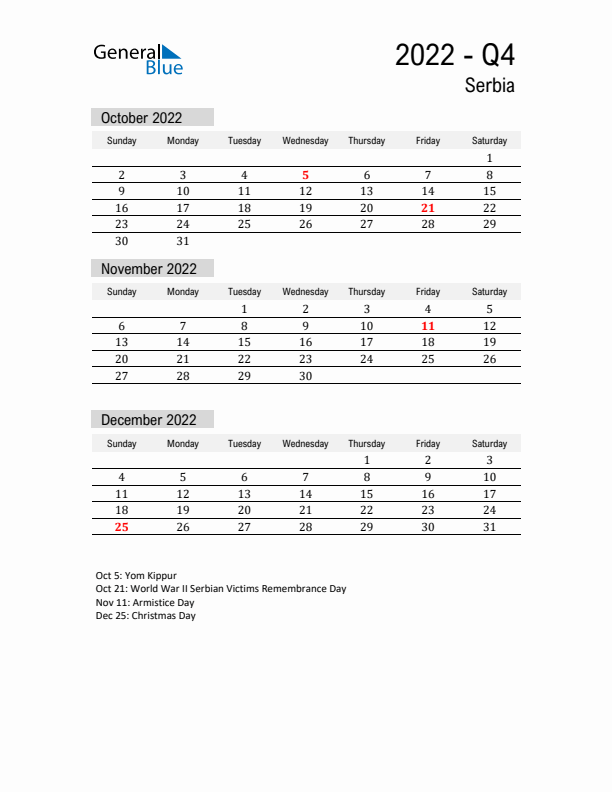 Serbia Quarter 4 2022 Calendar with Holidays