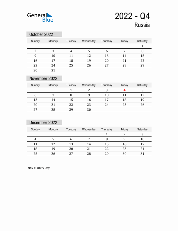 Russia Quarter 4 2022 Calendar with Holidays