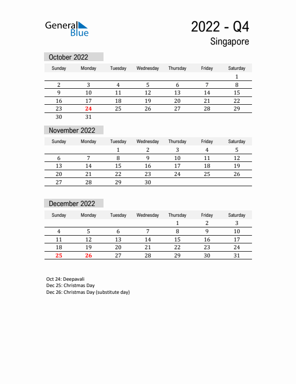 Singapore Quarter 4 2022 Calendar with Holidays