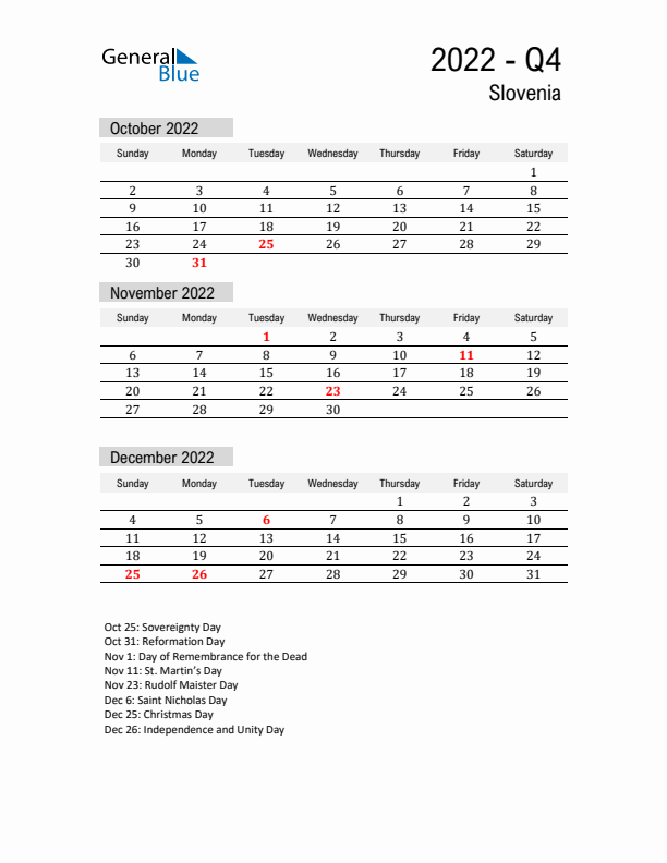 Slovenia Quarter 4 2022 Calendar with Holidays