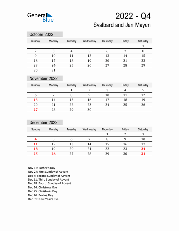 Svalbard and Jan Mayen Quarter 4 2022 Calendar with Holidays