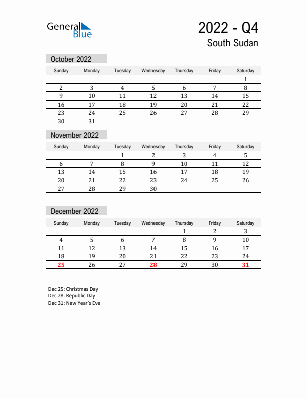 South Sudan Quarter 4 2022 Calendar with Holidays