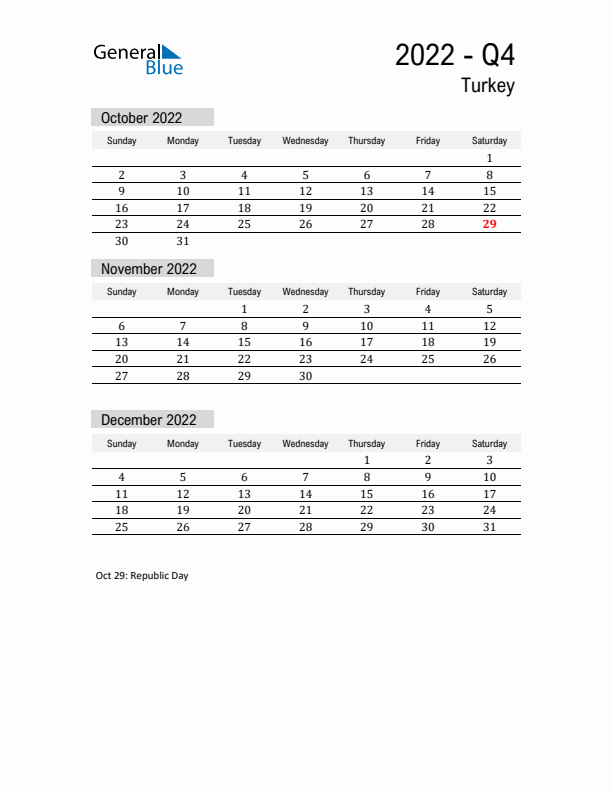 Turkey Quarter 4 2022 Calendar with Holidays