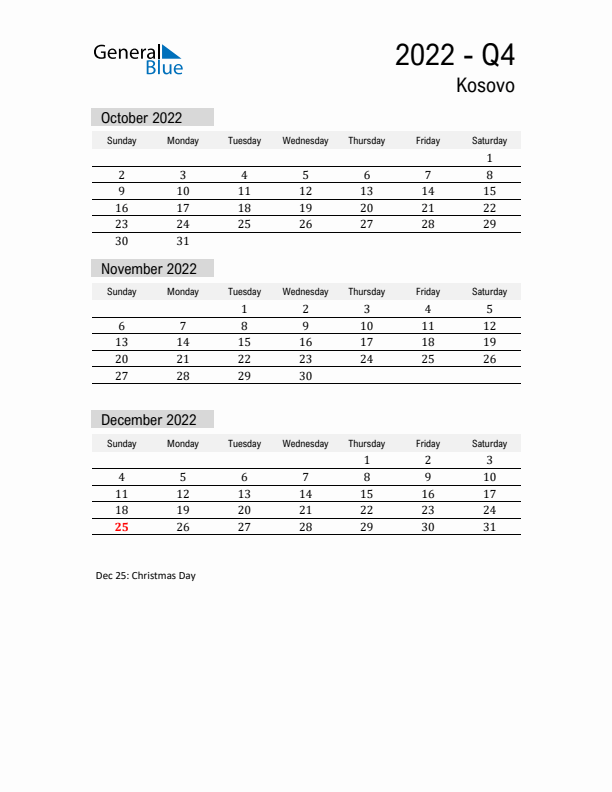 Kosovo Quarter 4 2022 Calendar with Holidays