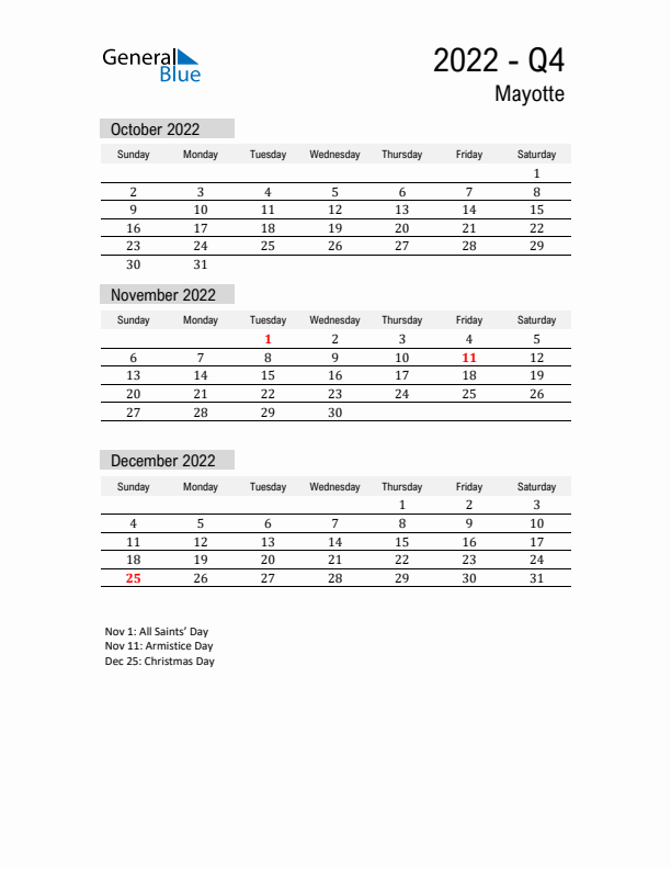 Mayotte Quarter 4 2022 Calendar with Holidays