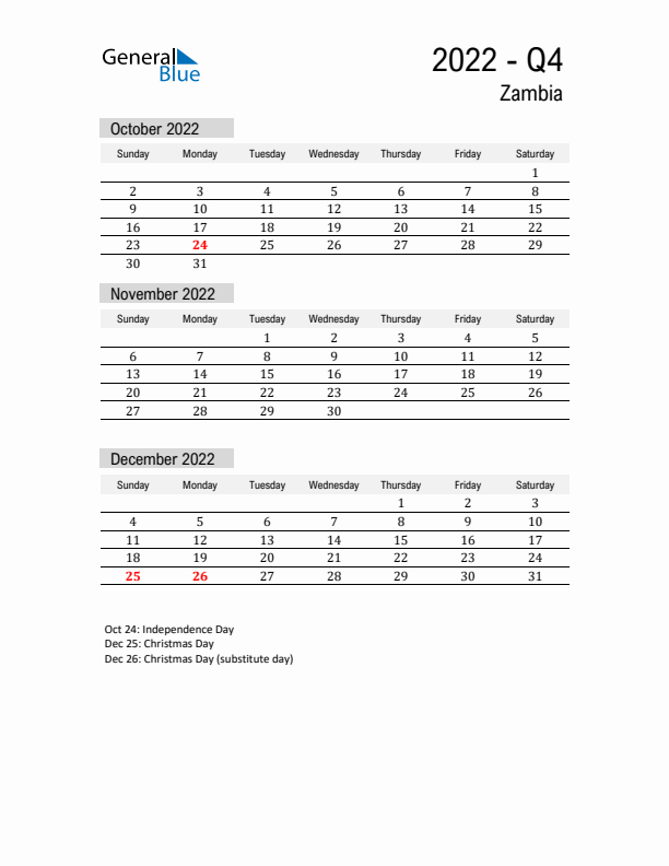 Zambia Quarter 4 2022 Calendar with Holidays