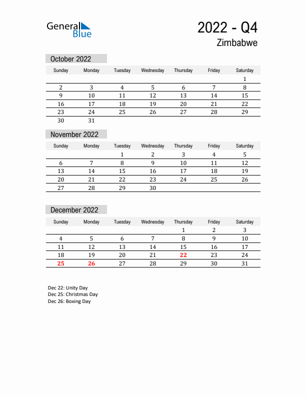 Zimbabwe Quarter 4 2022 Calendar with Holidays