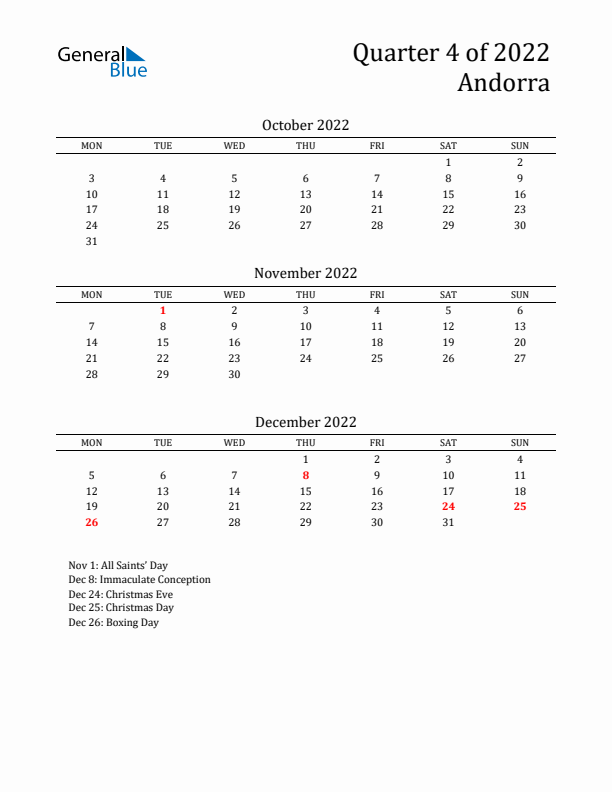 Quarter 4 2022 Andorra Quarterly Calendar