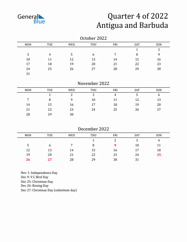 Quarter 4 2022 Antigua and Barbuda Quarterly Calendar