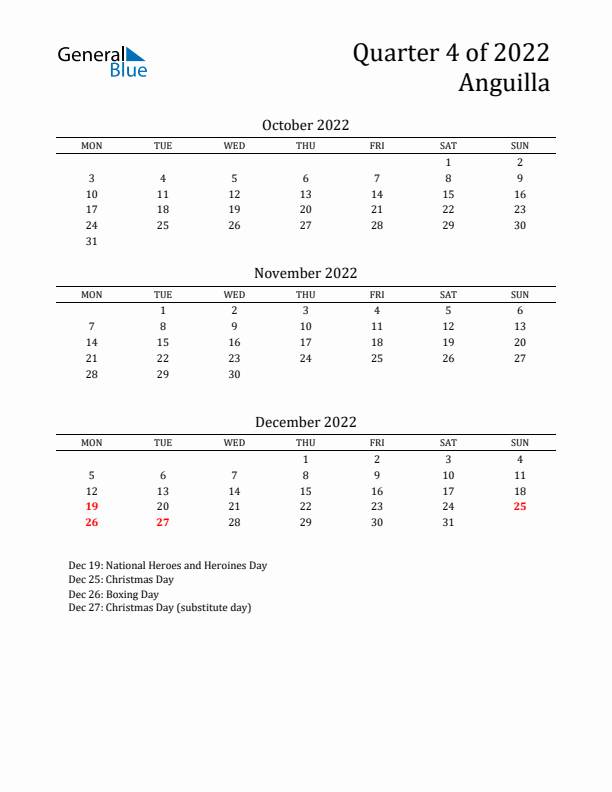 Quarter 4 2022 Anguilla Quarterly Calendar