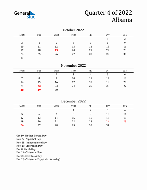 Quarter 4 2022 Albania Quarterly Calendar