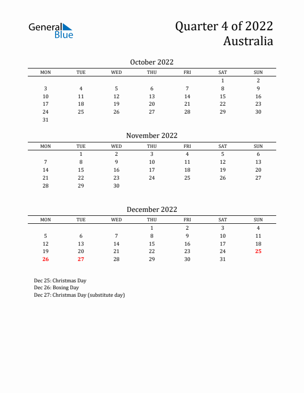 Quarter 4 2022 Australia Quarterly Calendar