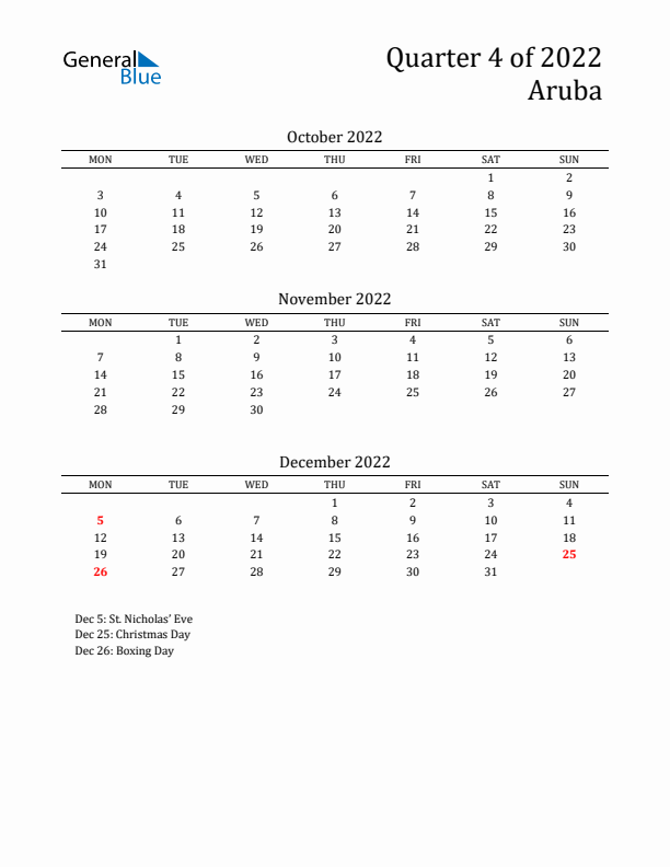 Quarter 4 2022 Aruba Quarterly Calendar