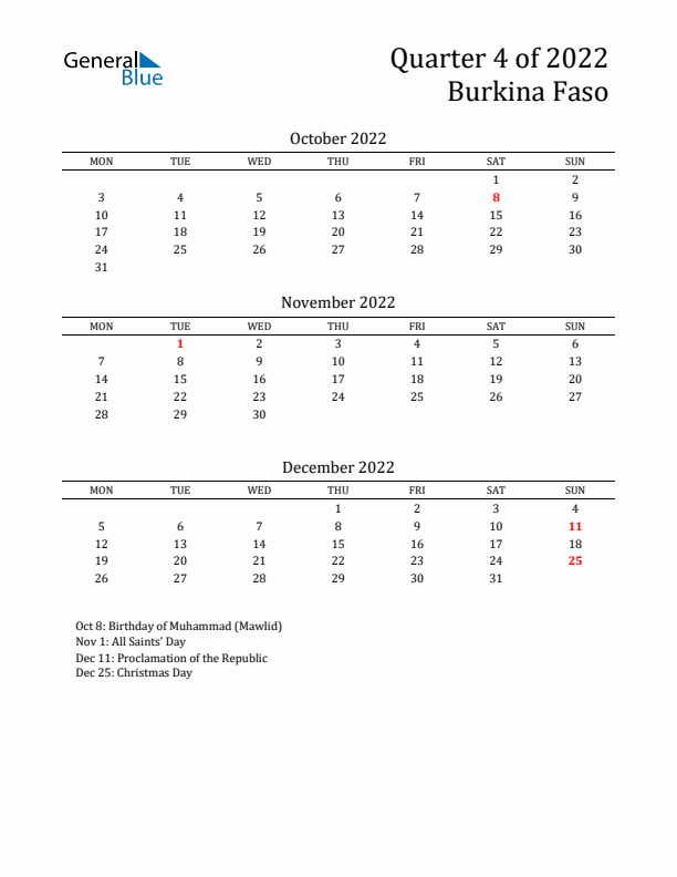 Quarter 4 2022 Burkina Faso Quarterly Calendar