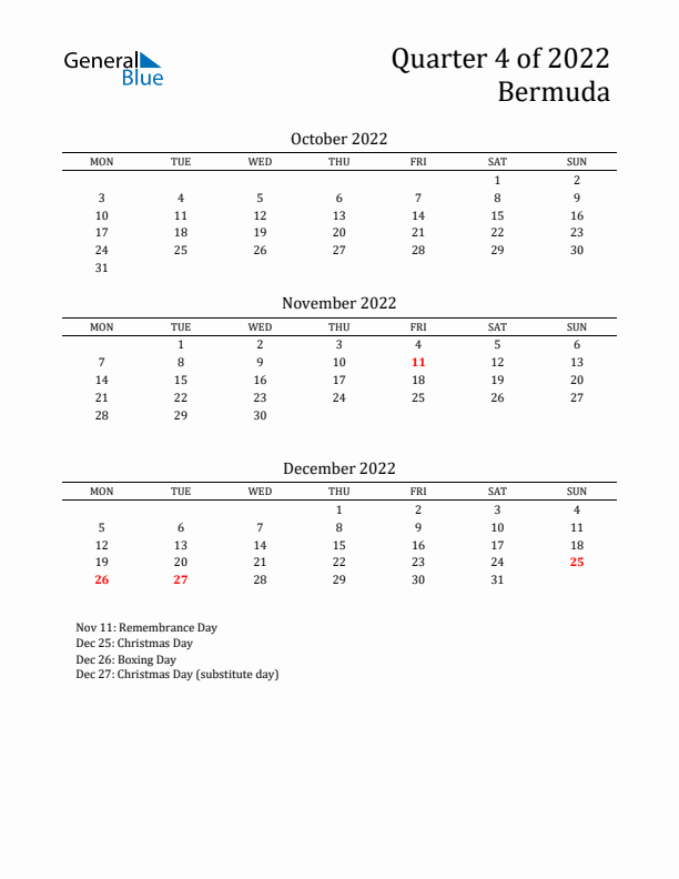 Quarter 4 2022 Bermuda Quarterly Calendar