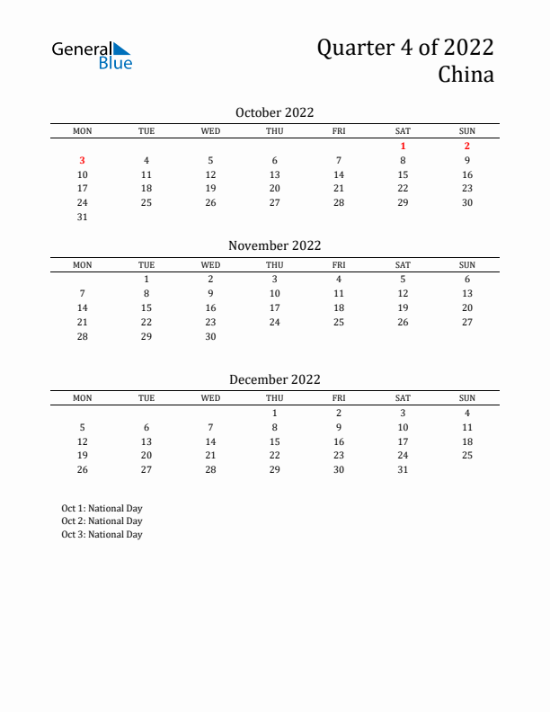 Quarter 4 2022 China Quarterly Calendar