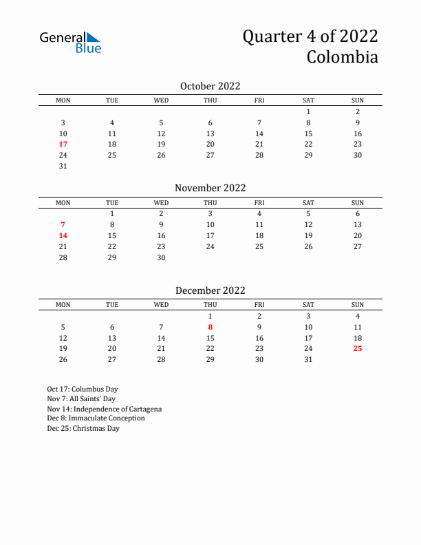 Quarter 4 2022 Colombia Quarterly Calendar