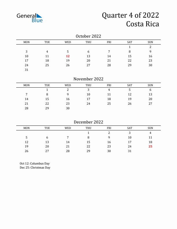 Quarter 4 2022 Costa Rica Quarterly Calendar