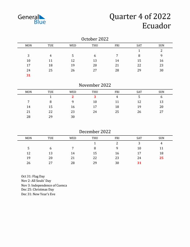 Quarter 4 2022 Ecuador Quarterly Calendar