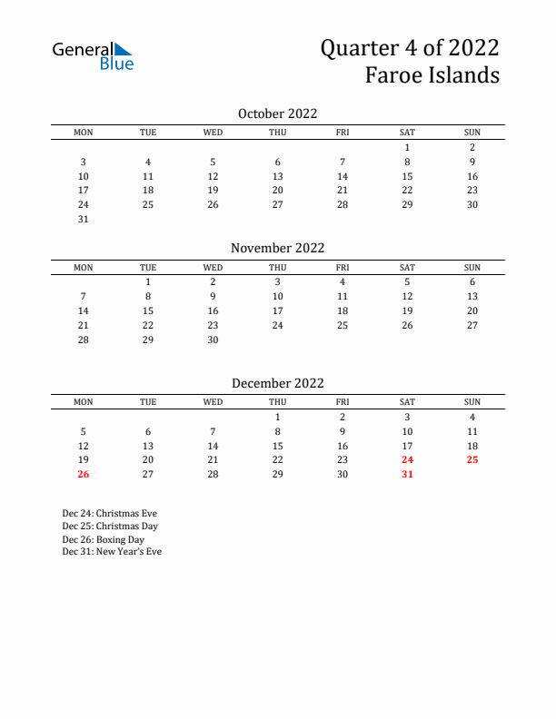 Quarter 4 2022 Faroe Islands Quarterly Calendar